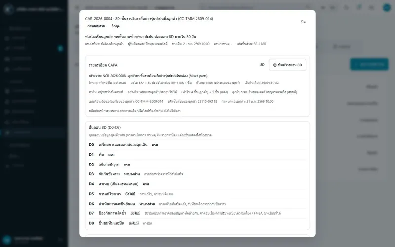 CAPA แบบ 8D พร้อมสถานะ D0–D8